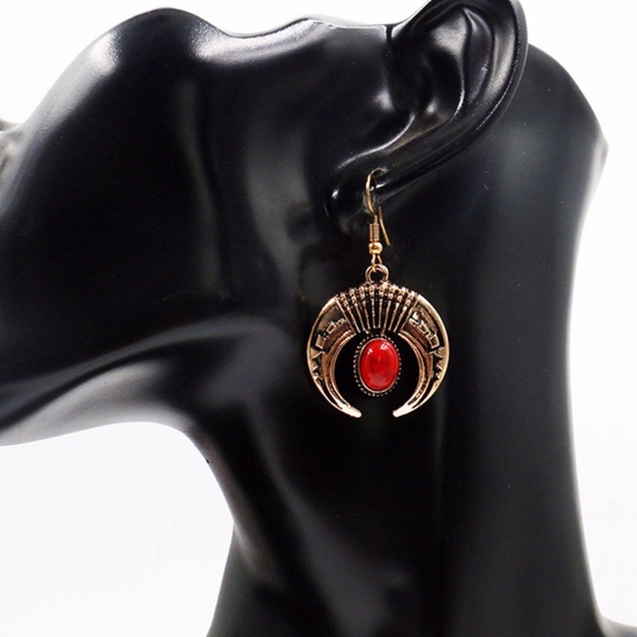 Jewelry - Boho Red Marble Crescent Horn Dangle Earrings
